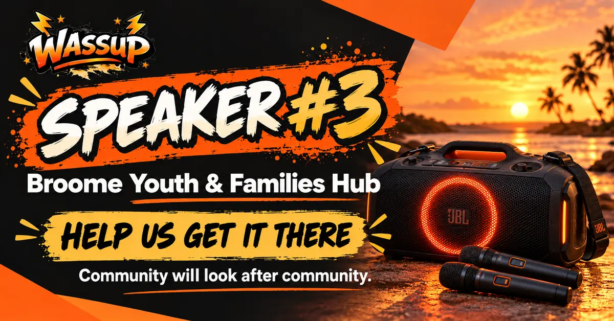 WAssup Speaker number three announcement for Broome Youth and Families Hub with the JBL PartyBox On-The-Go 2 Plus and microphones