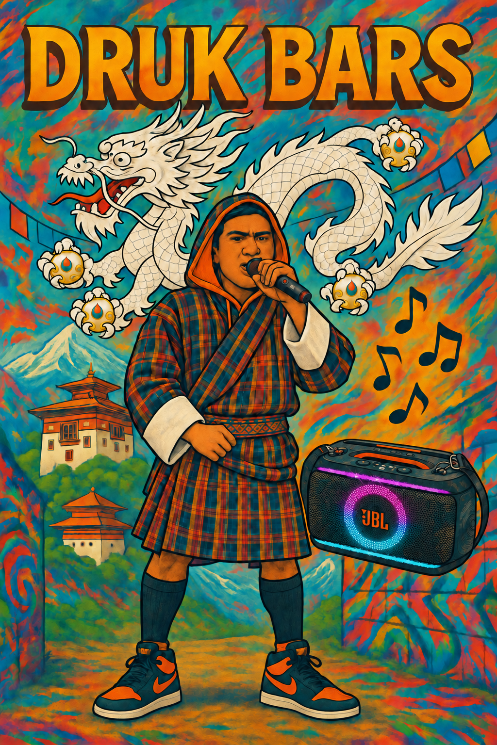 DRUK BARS illustration: a white Bhutanese dragon holding norbu jewels, a performer in a gho-inspired hoodie using a microphone, and a portable JBL speaker.