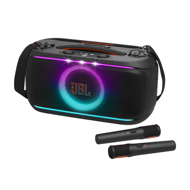 JBL PartyBox On-The-Go 2 speaker shown with its wireless microphones