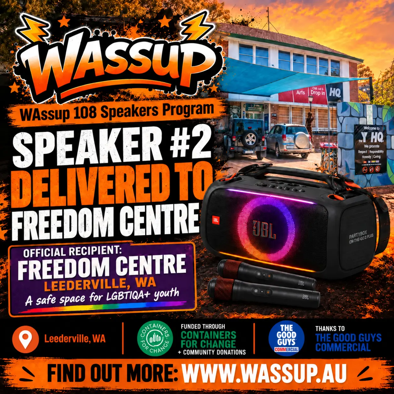 WAssup announcement confirming that Speaker number two has been delivered to Freedom Centre in Leederville