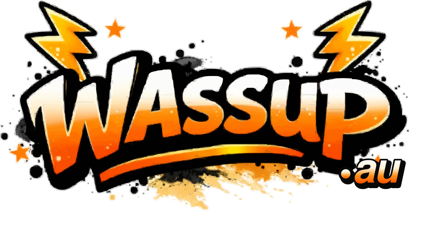 Orange, yellow, white and black WAssup.au logo with a transparent background