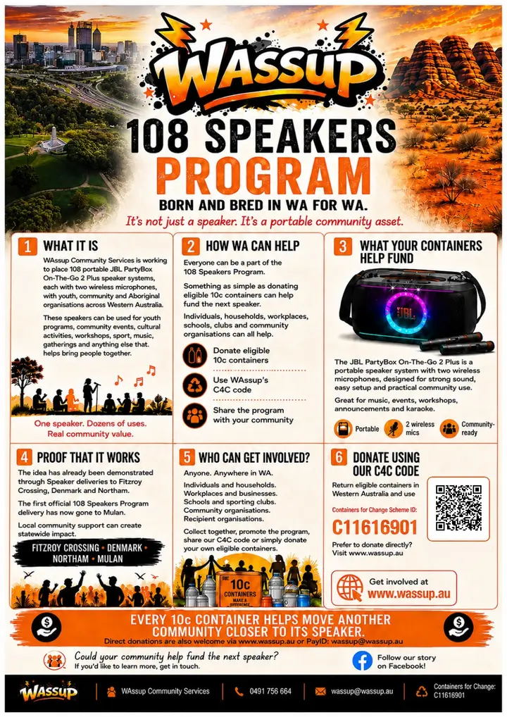 Preview of the WAssup 108 Speakers Program donation poster